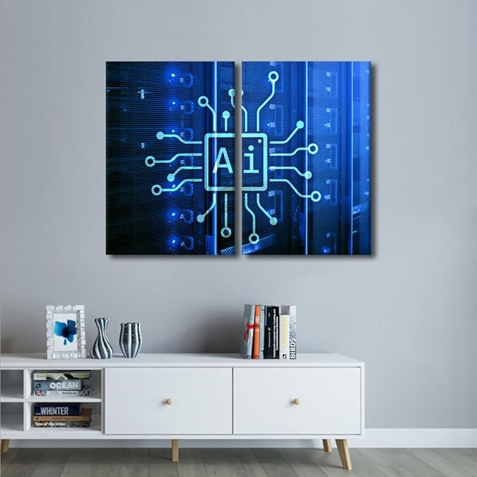 3 Pieces Painting AI Intelligence Wall Art for Living Room Modern Home Decor Automation Canvas Pictures House Decorations Artwork Paitings Framed Stretched Ready to Hang, 24" Wx16 H