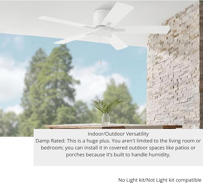 LYTIO Grantway 48 in. Indoor/Covered Outdoor Matte White Low Profile Ceiling Fan Without Light with Pull Chain Included
