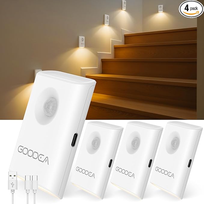Rechargeable Battery Night Light with Motion Sensor, Wireless, Magnetic & Dimmable Stair Light, Portable Mini 3000K Warm White Stick-on Indoor Night Light for Bathroom, Hallway, Toilet, Bedroom, Stair