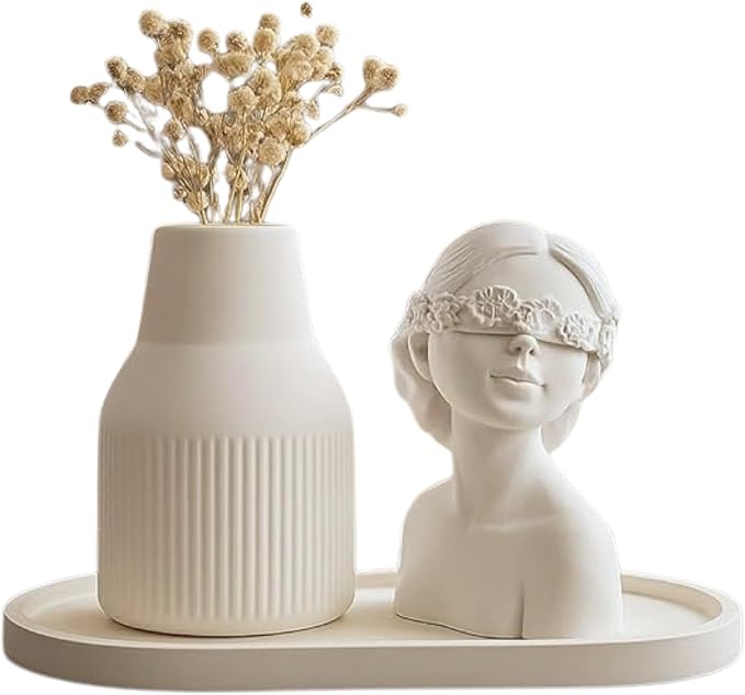 Modern White Plaster Decorative Vase Set - Abstract Minimalist Home Decor Vases with Tray for Living Room, Coffee Table