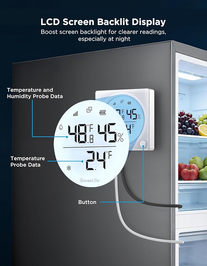 GoveeLife Upgraded Smart WiFi Refrigerator Thermometer Digital with Freezer Alarm, Wireless Magnetic Fridge Thermometer with Notification, LCD Display, Free Data Export for Fridge, Kitchen, Farming