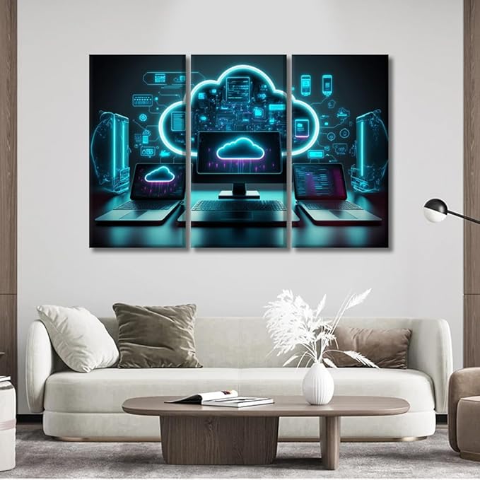 LSIUHWUWI 3 Panel Wall Paintings for Living Room Modern Cloud Technologies Neon Colors Cyber Space Picture Prints on Canvas for Home Office Wall Decorations, 20x40inchx3
