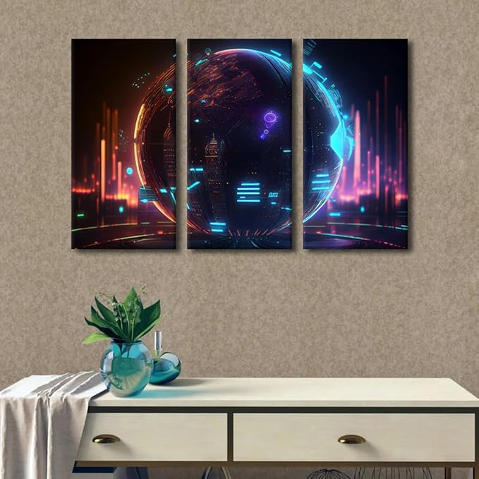 TUMOVO 3 Panel Modern Wall Art Cyber Space 3D Poster on Canvas for Bedroom Living Room Wall Decoration, Neon Digital World Artwork Giclee Wooden Framed Ready to Hang, 42" Wx28 H