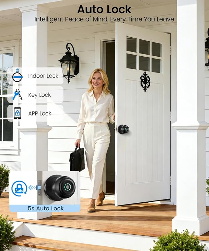 Fingerprint Door Lock, Smart Fingerprint Door Knob with Lock, Biometric Door Locks with App Control & Key, Keyless Thumbprint Entry Door Locks for Bedroom, Front Door, Apartment-Polished Black