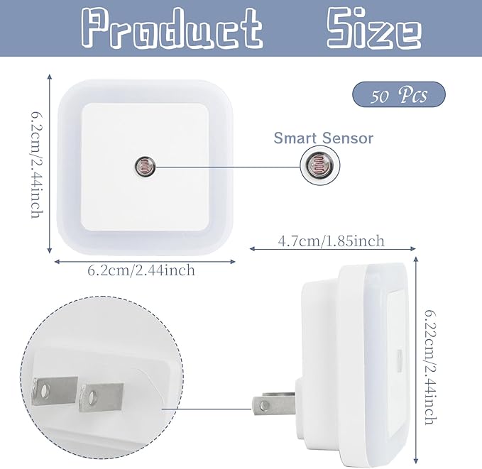 50 Pcs LED Night Lights White Smart Sensor Nightlights Accessories Wall Mounted Automatic Sensor Night Lamp for Hallway Stairs Kitchen Bedroom Toilet Bathroom