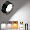 LED Wall Mounted Lights, Rechargeable Wall Sconces Lamp, 3 Color Temps & Remote and Touch, 360°Rotation Dimmable Cordless Wall Light for Study Bedroom Reading Bedside(Black, 1 Pack)
