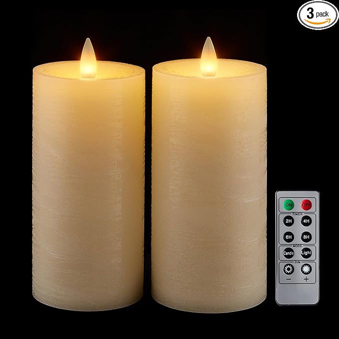 Flameless Pillar Candles Flickering with Remote Timer, Battery Operated LED Candles Up to 400 Hours, 3D Moving Flame Real Wax Candles. (Ivory Water Ripples-2 Pack)