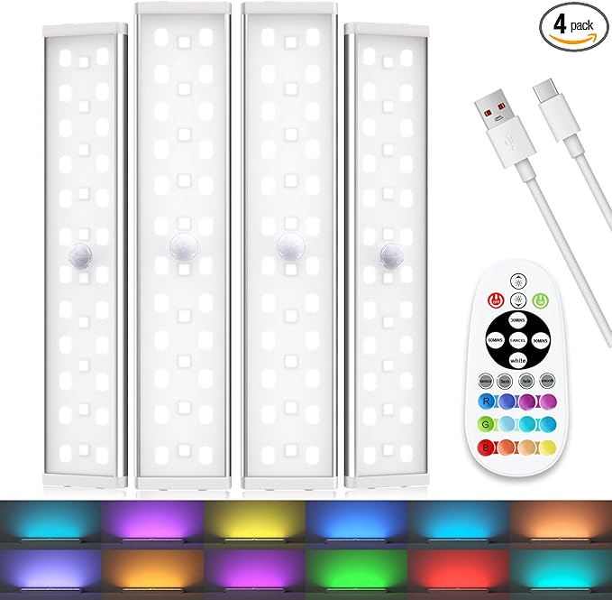 Diomart Under Cabinet Lighting, RGB Rechargeable Motion Sensor Light Indoor Night Lights, 58-LED Remote Control Under Counter Lights for Kitchen, Wardrobe, Hallway, Stairs, Desk (4 Pack)