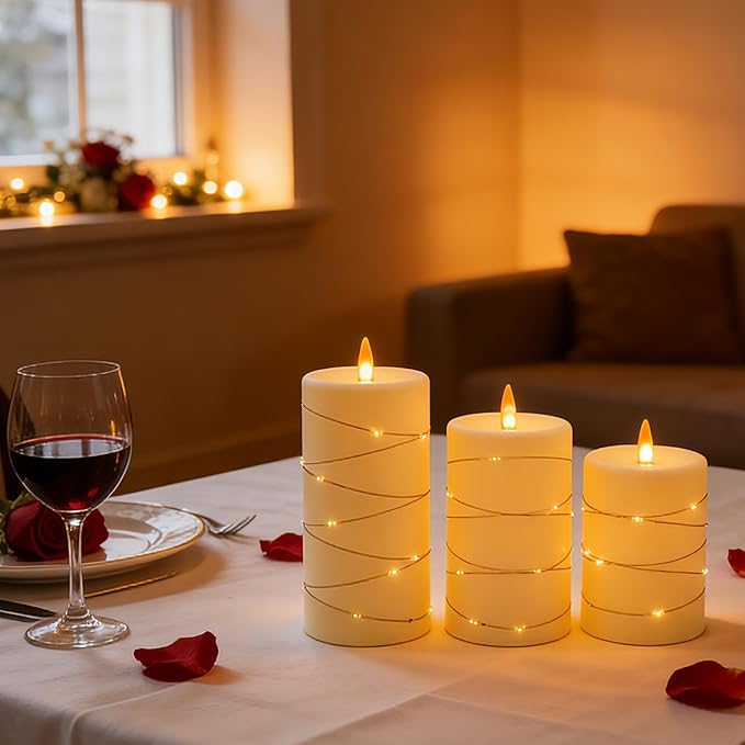 Flickering flameless Candles, Battery-Powered, with String Lights, Remote Control, Timer, Realistic Plastic Pillar Candles, Ivory White, Set of 3, Durable.