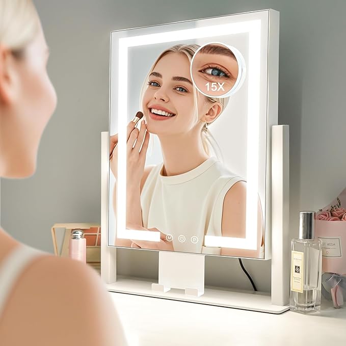 Makeup Mirror with Lights, Vanity Mirror with 3 Lighting Modes, Light Up Mirror, Touch Sensor, AC-Powered, 360 Rotatable, Metal Frame, with Detachable 3.5" 15X Spot Mirro, Gift for Women