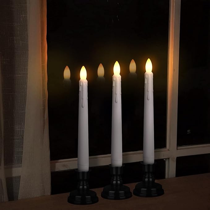 LED Battery Operated Window Candle with Remote & Timer Flickering Warm Light Christmas Flameless Taper Candles for Party Holiday Wedding Home Table Decoration (Pack of 6,White+Black Holder(A))…