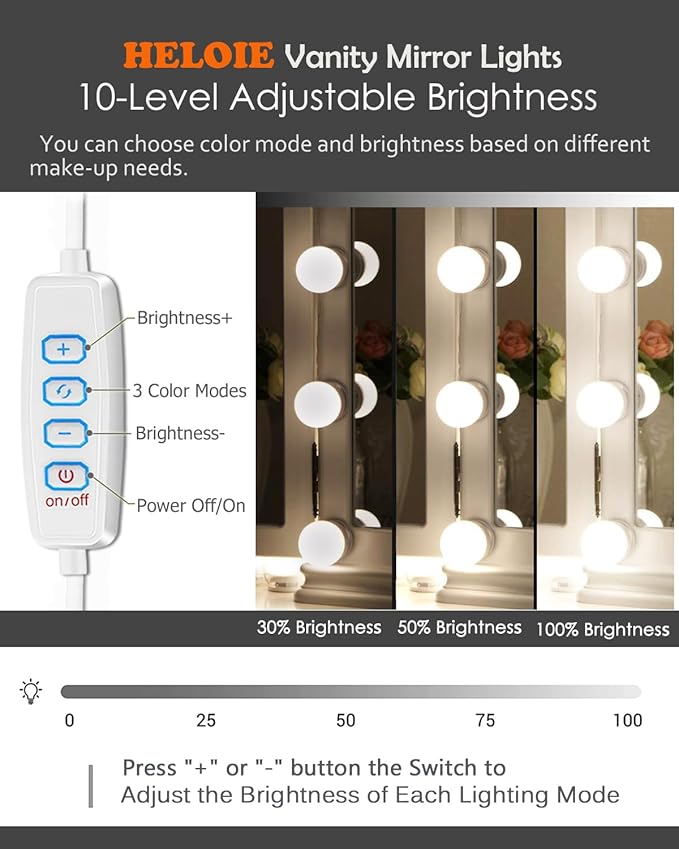 Led Vanity Mirror Lights,Vanity Lights for Makeup Dressing Mirror Lighting,10 Dimmable Bulbs,Adjustable Light Color & Brightness,USB Cable,Mirror not Included