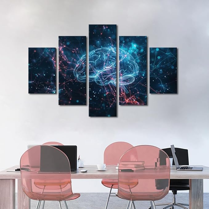 5 Panel Wall Decor Modern Technology Paintings Canvas Wall Art Framed Human Brain Poster for Boys Bedroom Artificial Intelligence Painting Wall Decor Art Work for Home Decor Living Room 60" Wx40 H