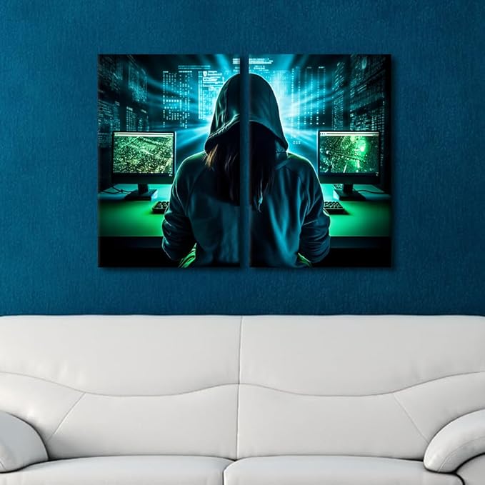 Big Data Wall Decor Hacker Malware Home Decorations for Living Room Wall Art Paitings Pictures Canvas 3 Pieces Modern Artwork Framed Gallery-Wrapped Ready to Hang, 24" Wx16 H