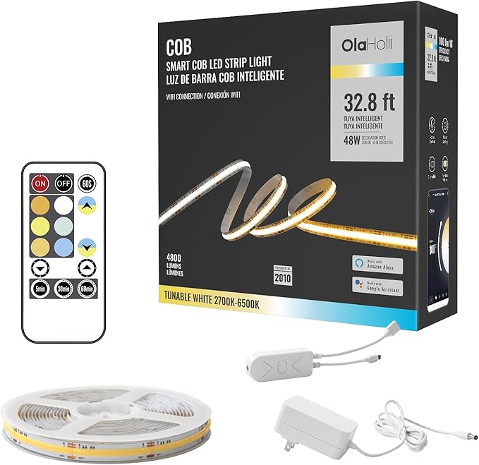 32.8ft Smart COB LED Strip Light, Tunable White 2700K-6500K Dimmable Bright WiFi Led COB Light Strip Compatible with Alexa and Google, White CCT COB Led Light for Kitchen Cabinet, Room