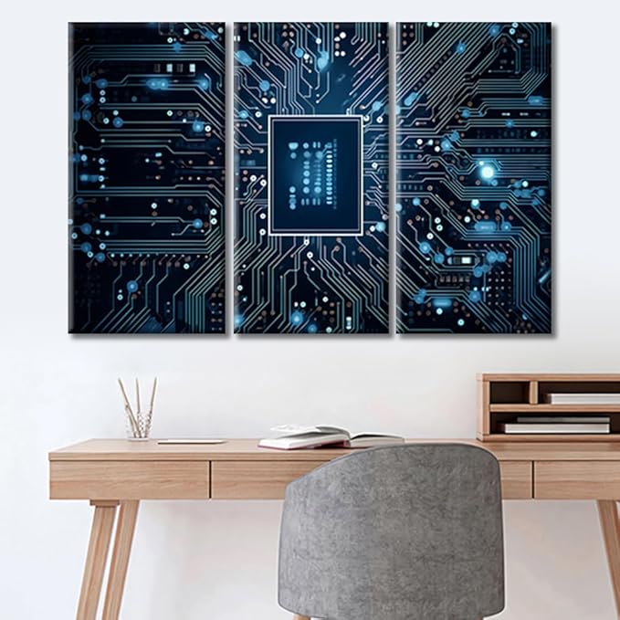 Office Wall Art Circuit Board High-Tech Technology Canvas Wall Art Circuit Network Contemporary Artwork Chip Pictures Wall Art for Living Room Bedroom Decor Framed Ready to Hang (36"Wx24"H)