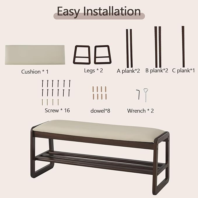 Shoe Rack Bench,2 Tier Wooden Entryway Bench with Shoe Storage, Shoe Rack with Cushion for Living Room, Hallway(Pu Beige, 39.4")