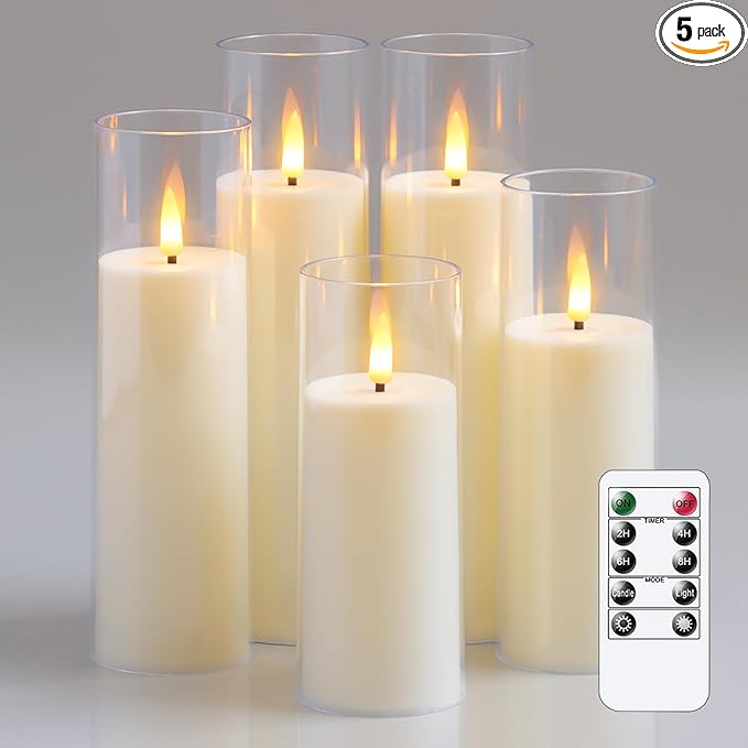Acrylic Flameless Flickering Candles with Remote Control and Timer, Battery Operated LED Fake 2.2" x 5",6",7",8",8" Plastic Pillar Candles for Home Decor(Long-Lasting, Ivory)