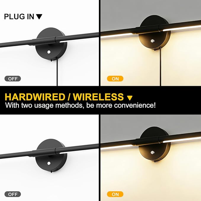 31inch Plug in Bathroom Vanity Light, 6000K Black Wireless Vanity Lights with Remote Control, Black Bar Mirror Light for Bathroom Mirror Cabinets Bedroom