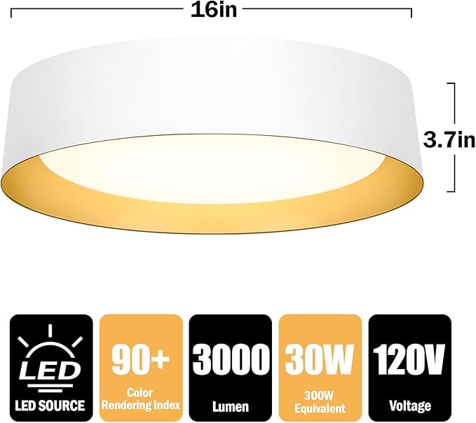 BrightHome 16in Flush Mount LED Ceiling Light, 30W(300W Equiv) 3000LM, 5CCT 2700K 3000K 4000K 5000K 6000K, Dimmable Modern Flush Mount Light for Bedroom, Bathroom, Hallway, White and Gold