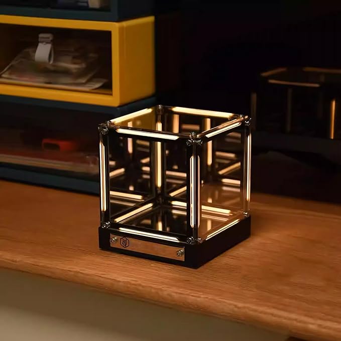 4D Mirror Cube Lamp, Touch Control Bedside Lamp with Dimmable LED, Rechargeable USB-C Night Light for Bedroom, Desk, Gaming Setup (2000mAh) (Gold)