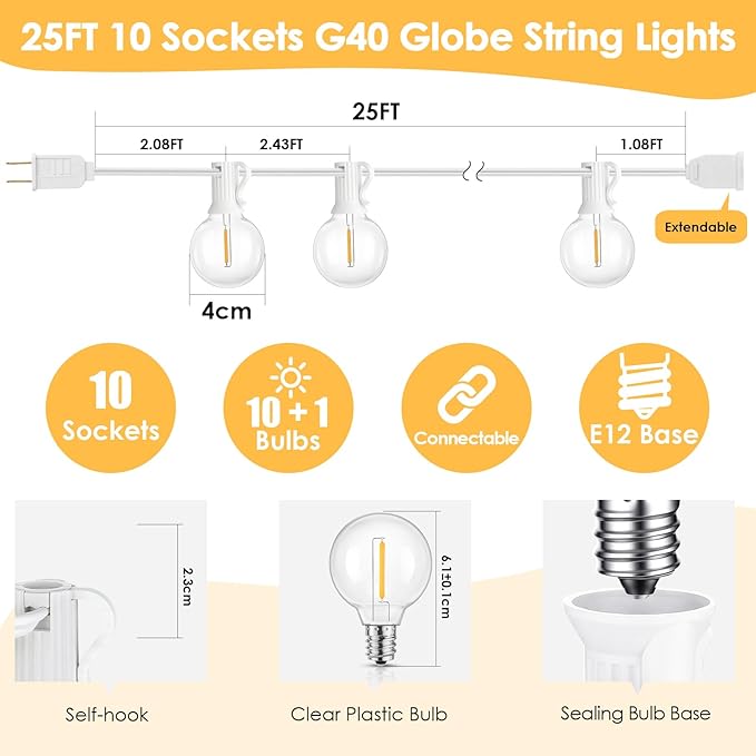 Mlambert 25FT G40 LED Outdoor String Lights, Plug-in Waterproof Patio Lights with 10 LED Bulbs (1 Spare), Porch Lights for Backyard Party Decor, White