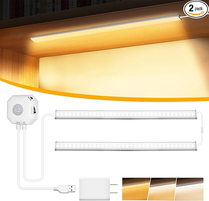 Daymeet Under Cabinet Lights Plug in, 12 Inch Ultra Thin Led Light bar, Motion Sensor Counter Closet Lamp, 3 Color Temperatures 3500K 4500K 6500K Shelf Lights for Kitchen, Workbench, Desk (2 Pack)