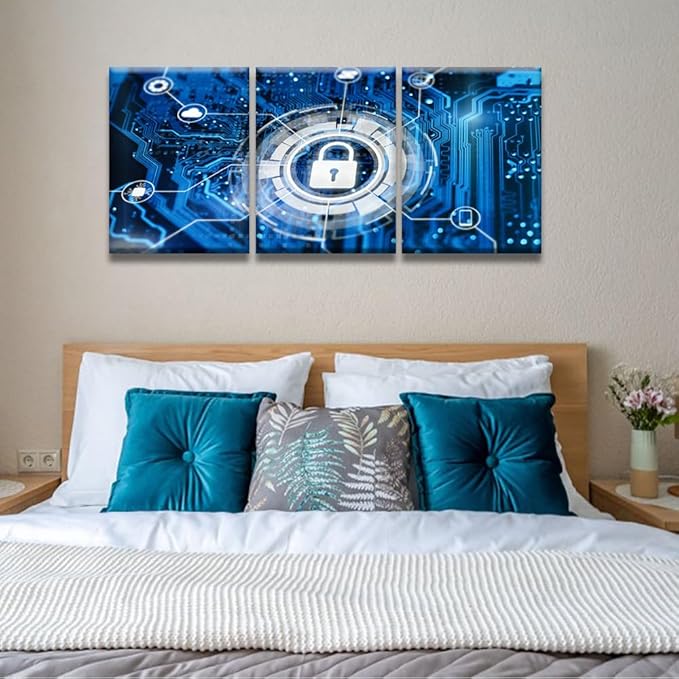 Modern Wall Art 3 Panel Cybersecurity and Secure Nerwork Internet Technology Pictures Print on Canvas for Living Room Wall Decoration, Framed Wall Art, 12x16inchx3