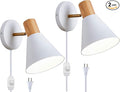 ClanKin Plug in Wall Sconces Lighting Set of 2 for Bedroom, White Dimmable Wood Style Wall Sconce Reading Lamp, Adjustable Wall Light for Bedroom Hallway Living Room (White-Plug in, 2)