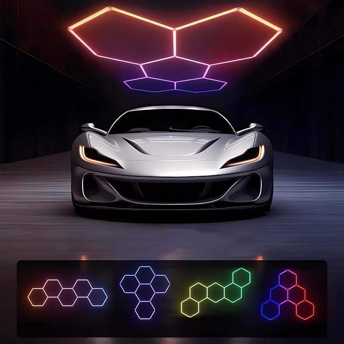 25 Pack RGB Hexagon Garage Light Kit, 5 Hex Panels with Music Sync, Color Changing LED Lighting, App & Remote Control, DIY Honeycomb Design for Garage, Gym, Workshop, Gaming Room