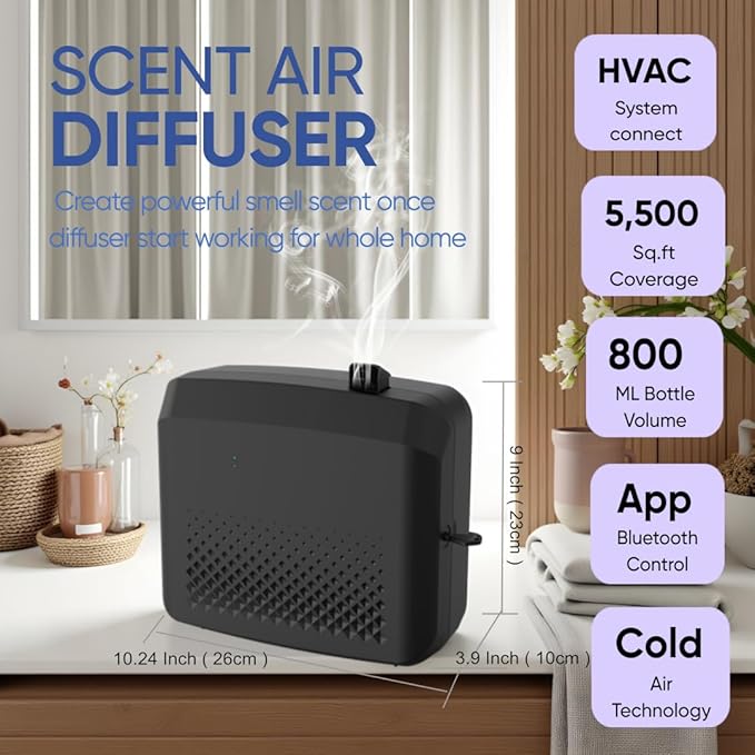 Updated Scent Diffuser Bluetooth for HVAC System, Scent Air Machine for 5,500 Sq.ft Home, Hotels & Commercial Use, Waterless HVAC Nebulizing Diffuser with Lasting-Long Fragrance -100ml Oil Included