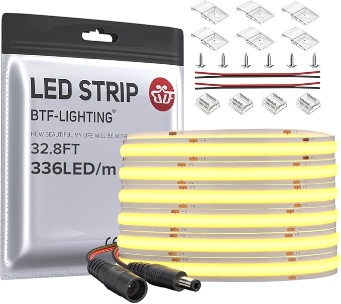 BTF-LIGHTING FCOB COB LED Strip Flexible High Density Uniform Light 8W/m 32.8FT DC24V Warm White 2700K CRI 90+ 8mm Width LED Ribbon for for Bedroom Indoor Decor(No Adapter or Controller)