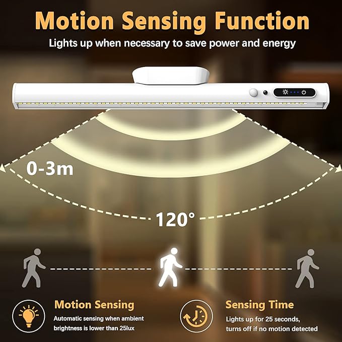 Hapfish Motion Sensor LED Light Bar Indoor, Rechargeable Under Cabinet Lighting Wireless, Magnetic Battery Powered Operated Wall Strip Lights with Remote Control for Desk Mirror Closet – White