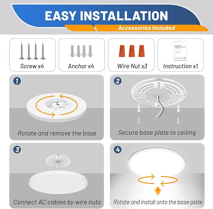 Allsmartlife LED Flush Mount Ceiling Light Fixture, 12inch 24W 2880lm CCT 3000K/4000K/6500K Thin Round Flat Panel Light Surface Mount for Kitchen, Bedroom, Laundry. Dimmable Ceiling Lamp