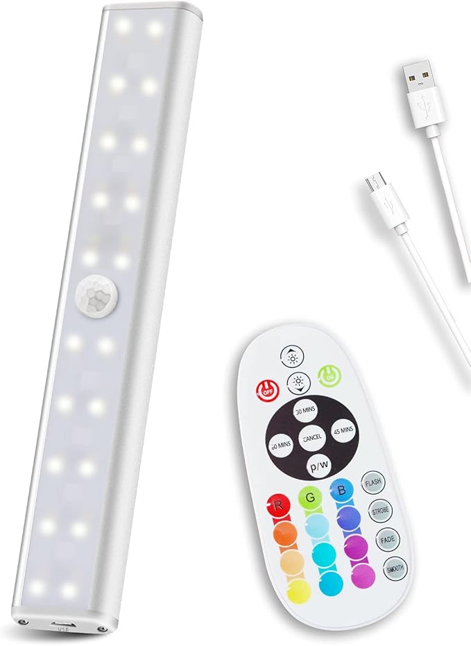 SZOKLED Under Cabinet Lighting 48LED Remote Lights Wireless Kitchen Counter Rechargeable Closet Light Bar, Perfect for Display Shelf Hallway Stairs, 15 Color Changing