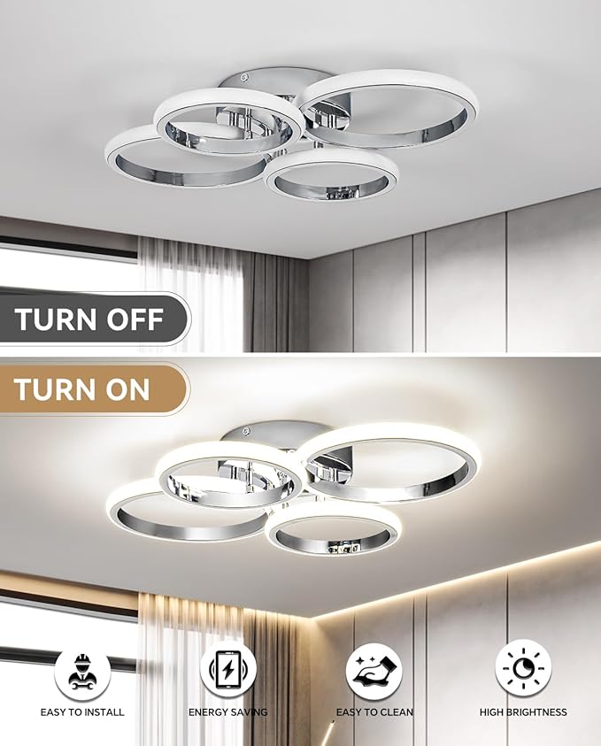 21.3in Chrome Modern LED Ceiling Light Fixture with Remote Control, 3000K-6500K 3-Color Dimming Circle Modern Ceiling Lamp Bedroom Kitchen Living Room Dining Room