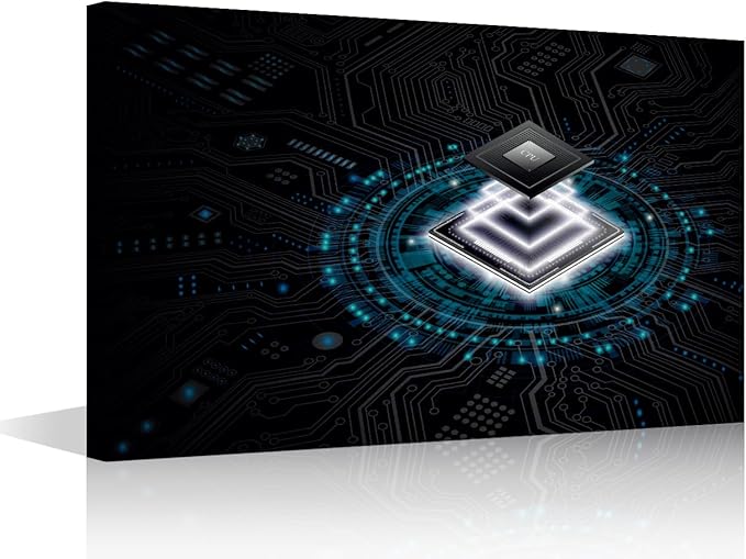 TUMOVO CPU Concept Wall Art Painting on Canvas Technology Digital Art Bedroom Wall Art Modern Home Decor Computer Chip House Decorations for Living Room Pictures Stretched Frame, 18x12in