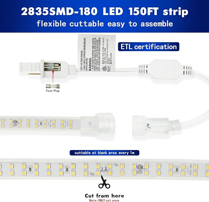 LAMPHOME 3000K 120V LED Strip Light, 150FT 9000LED 100LM/W Waterproof for Outdoor Indoor, Every 1.5ft Cuttable Lighting Strip, 17.5x7.8mm ETL Listed，Warm White