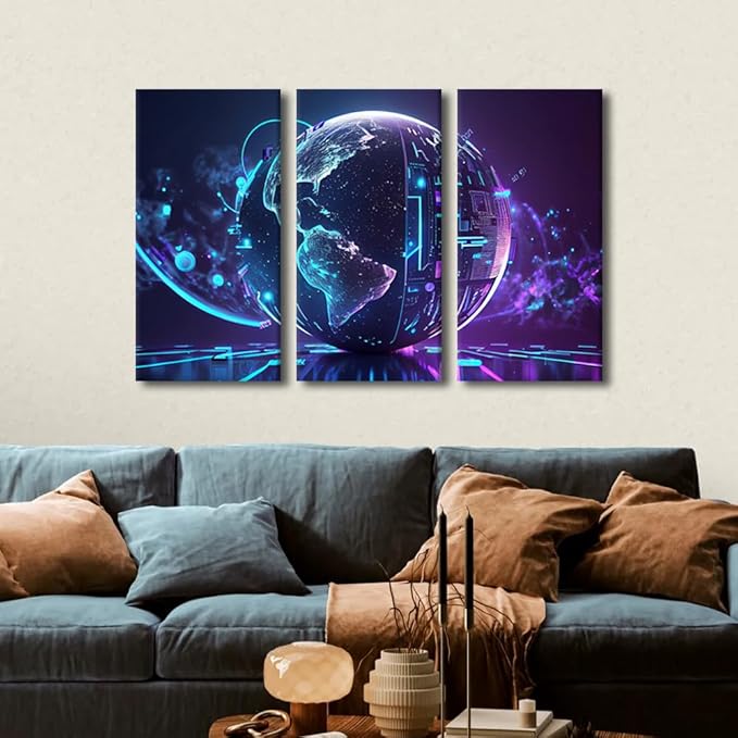 Digital World Wall Decor 3 Pieces Neon Colorful Global World in Cyber Space Pictures for Home Decoration, Modern Artwork Giclee Wooden Framed Gallery-Wrapped Ready to Hang, 36" Wx24 H