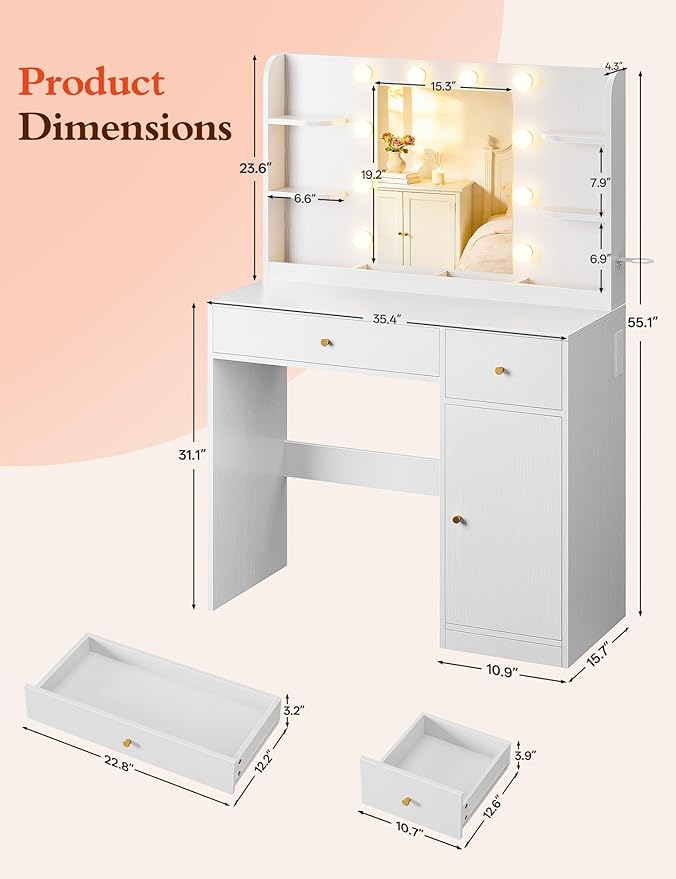 Vanity Desk with Mirror and Lights, 35" Makeup Vanity with 2 Drawers, Storage Cabinet, 8 Open Shelves, 3 Lighting Modes Adjustable Brightness, Power Outlet, Dressing Table for Bedroom, White
