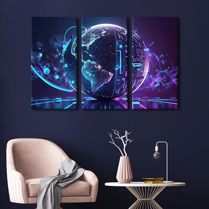 TUMOVO 3 Pieces Wall Art for Living Room, Neon Colorful Global World in Cyber Space Prints for Home Wall Decor, Cyber Space Posters for Home Hotel Wall Decoration, Ready to Hang, 42" Wx28 H