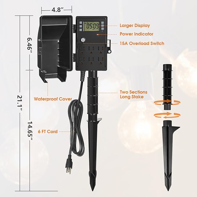 SURAIELEC Outdoor Power Stake, 7-Day Programmable Digital Timer, Power Strip Weatherproof, 6 Multi Plug Electrical Outlet Waterproof, 6 ft Extension Cord for Outside Light, Halloween Decoration