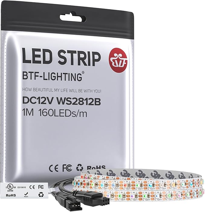 BTF-LIGHTING WS2812B IC RGB 5mm Ultra Narrow LED Strip 2020SMD DC12V Individually Addressable 3.2FT 160Pixels/m 160LED Dream Color Tape Light for Home DIY Decoration IP30 (No Adapter or Controller)