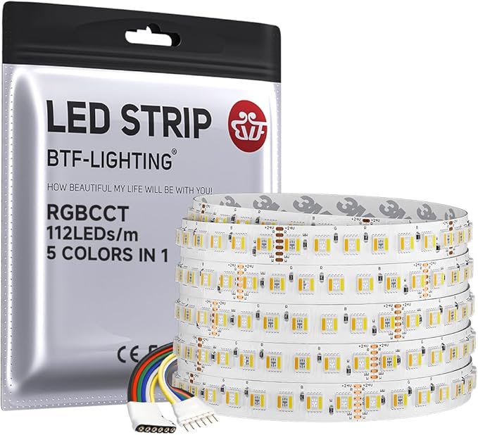 BTF-LIGHTING Highest Density RGBCCT 5 Colors in 1 LED 5050SMD RGB+ Tunable Color Temperature 2700K-6500K 16.4ft 112LEDs/m DC24V Multi-Colored IP30 12mm Width (No Adapter or Controller)