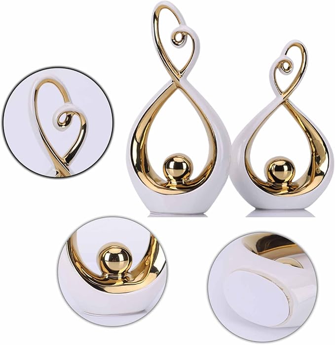 DOVDOV Modern Art Home Decor, Ceramic Abstract Sculpture 2 Piece Set, White and Gold Room Decor, Gorgeous Home Decor for Office, Shelf, Coffee Table and Desktop Decor Aesthetics.
