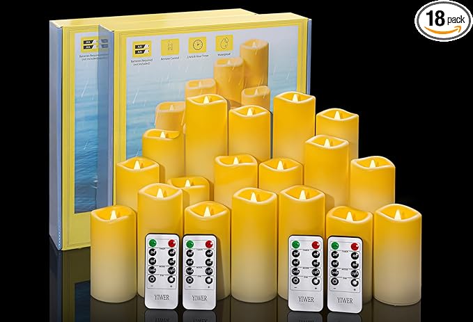 YIWER Plastic Waterproof Flameless Candles Set of 18: Battery Operated Candles Ivory Flickering Pillar Candles Include 4"/5"/6"/7"/8"/9" with 10-Key Remote 2/4/6/8H Timer Function
