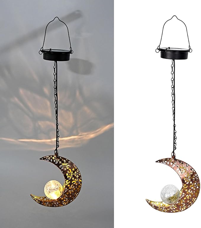 Solar Lights Outdoor Waterproof Garden Decor Hanging Moon Lanterns with Crackle Glass Ball LED for Garden Patio Yard Porch, Unique Gardening Gifts for Women Mom Grandma