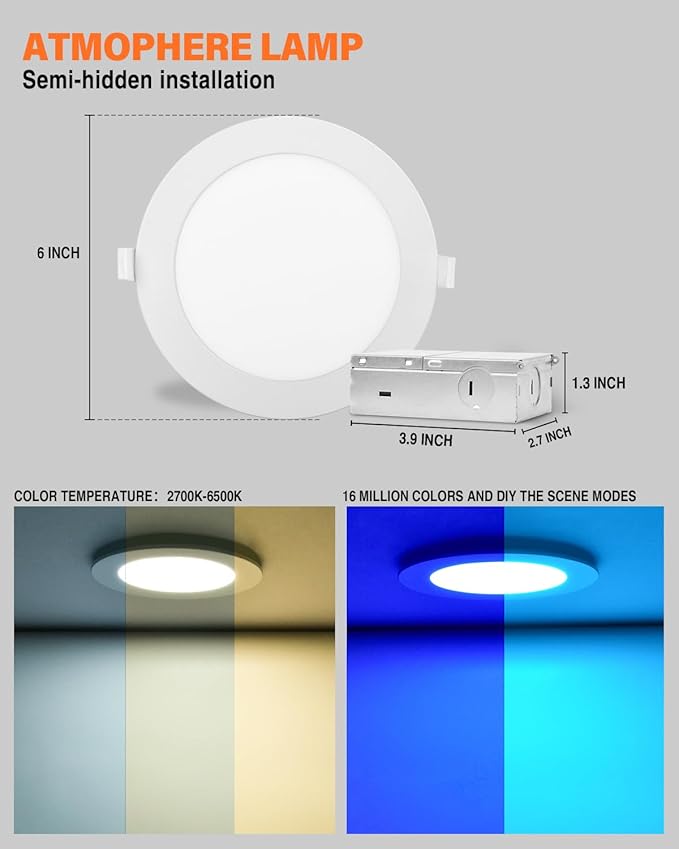 6Pack 6Inch Smart LED RGB Recessed Lighting, Color Changing Canless Downlight, 2700K-6500K, 2.4GHz Wi-Fi & Bluetooth, 12W 1200lm, Works with Tuya App, Alexa & Google Assistant, Gateway Included