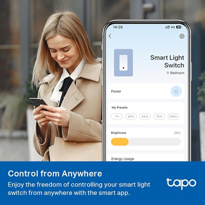 TP-Link Tapo Smart Switch, Single-Pole/3-Way/4-Way, Matter Compatible, Energy Monitoring, Neutral Wire Required, Works with Alexa, Siri, Google Home, SmartThings, UL Certified, 2.4GHZ Wi-Fi, Tapo S515
