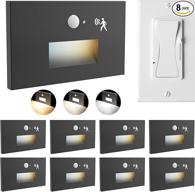 8 Pack Motion Sensor LED Step Lights, 3CCT 120V Hardwired Indoor Outdoor Stair Light, 3.5W 150LM 5%-100% Dimmable Waterproof Staircase Light, 3000K/4000K/6000K, Dimmer Switch, ETL, Black